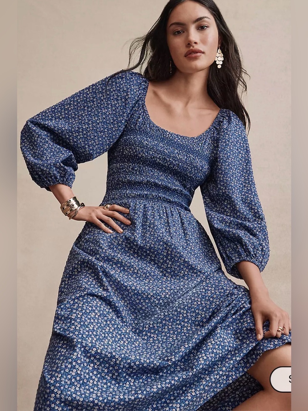 Blue Floral Smocked Midi Dress - Picture 3 of 4
